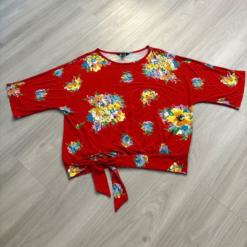 Lauren Ralph Lauren Top Women Red Floral Tie Front Dolman Sleeve Knit Top Large - Picture 11 of 12